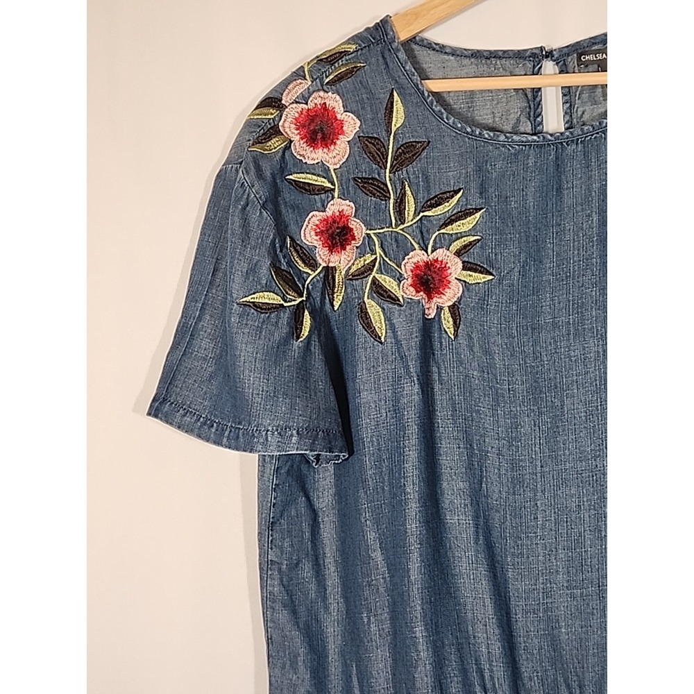 Chelsea & Theodore Peplum Embroidered Floral Top Chambray Blouse‎ Boho Womens L - Picture 3 of 13